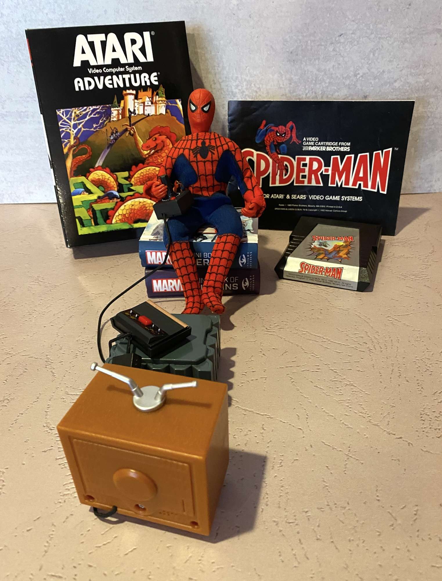 Mego Spidey playing Atari