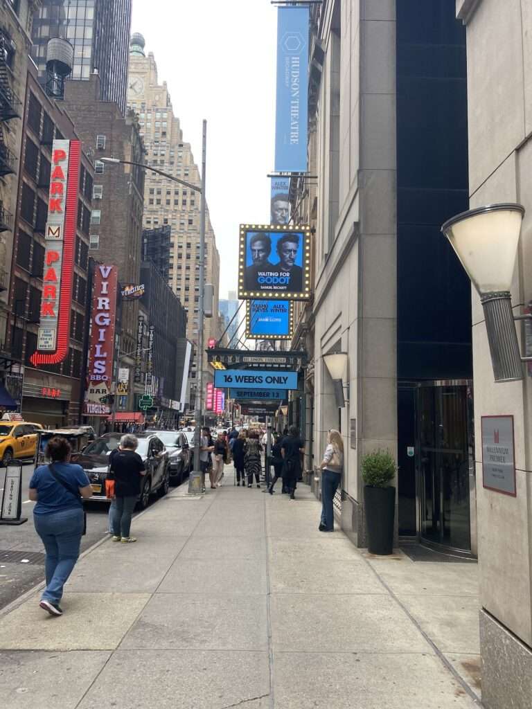 Hudson Theatre in Manhattan, NY marquee of Waiting for Godot