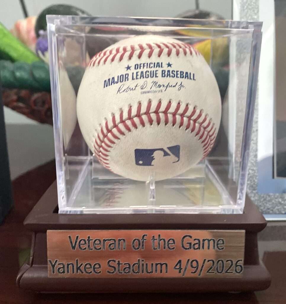 Baseball in case from Veteran of the Game at Yankee Stadium