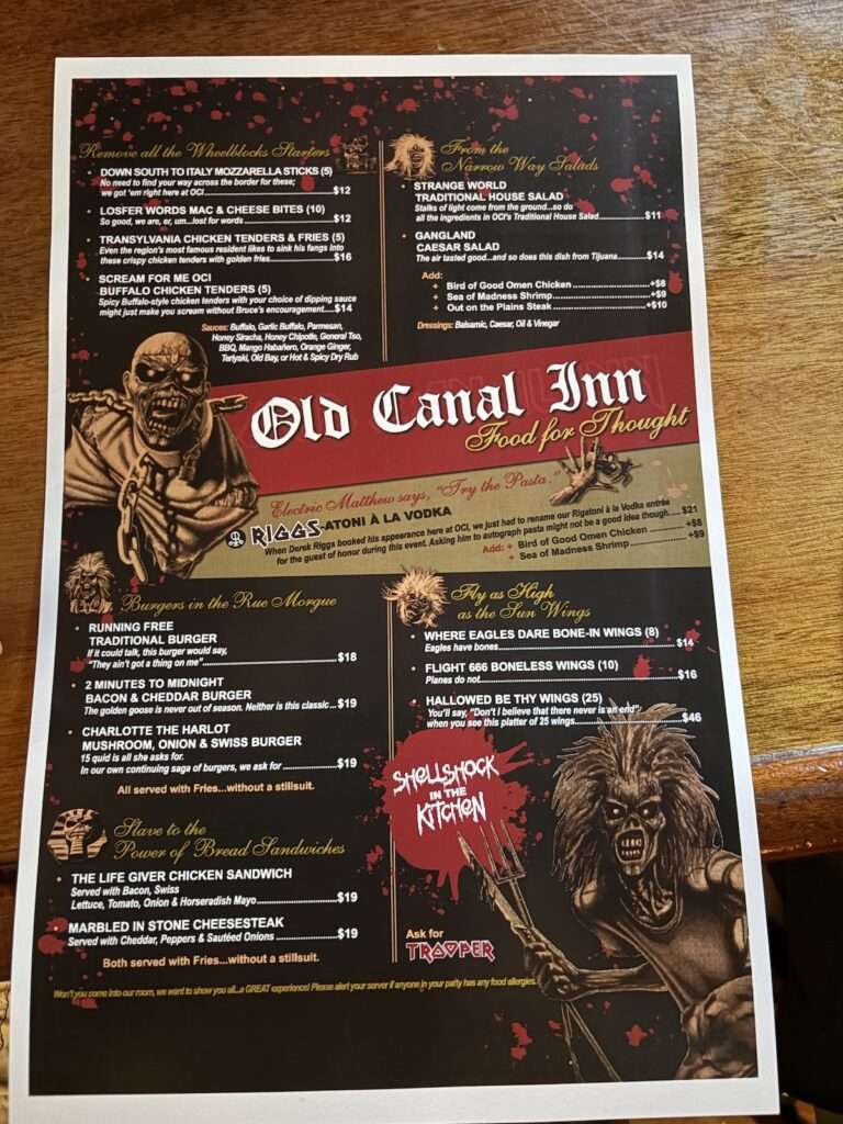 Iron Maiden-themed menu at the Old Canal Inn